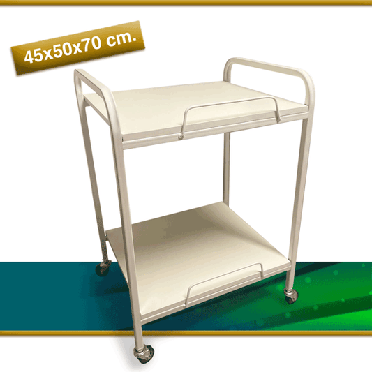 Mesa Axiliar 50x50, Estructura de Fierro, Bases de Madera y Ruedas de Goma.