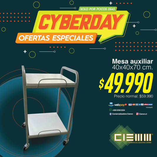 Mesa Axiliar 40x40. Estructura de Fierro, Base de Madera y Ruedas de Goma.